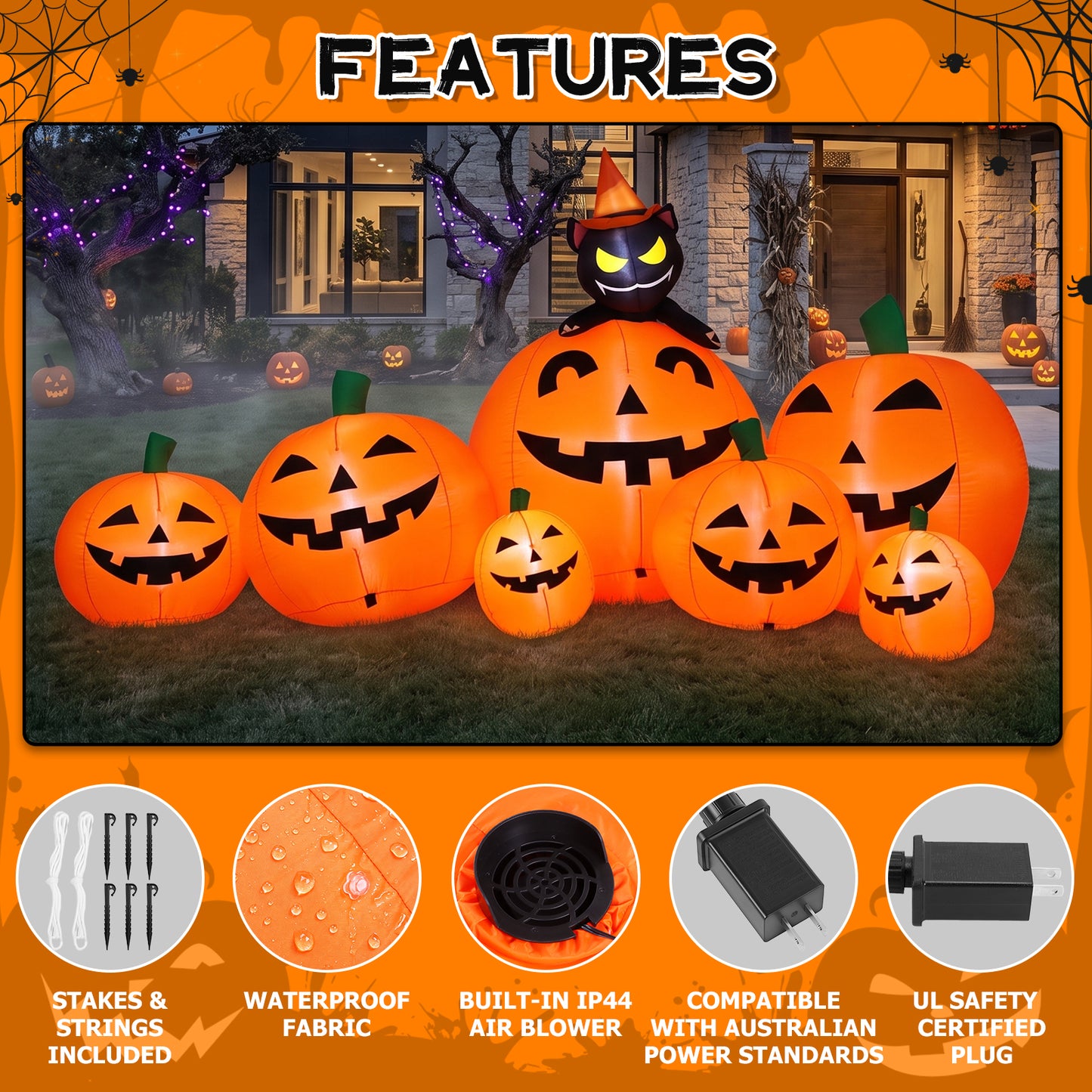 7 FT Long Halloween Inflatables Pumpkin Outdoor Decorations, 7 Pumpkins Outside Decoration with Witch's Cat with Build-in LEDs Blow Up Inflatables for Party Yard Lawn Garden Decor