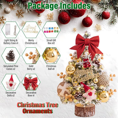 45cm Snow Flocked Mini Xmas Tree with Lights/Base Pinecones Red Berries Artificial Tabletop Xmas Tree for Festive Home Decor Golden