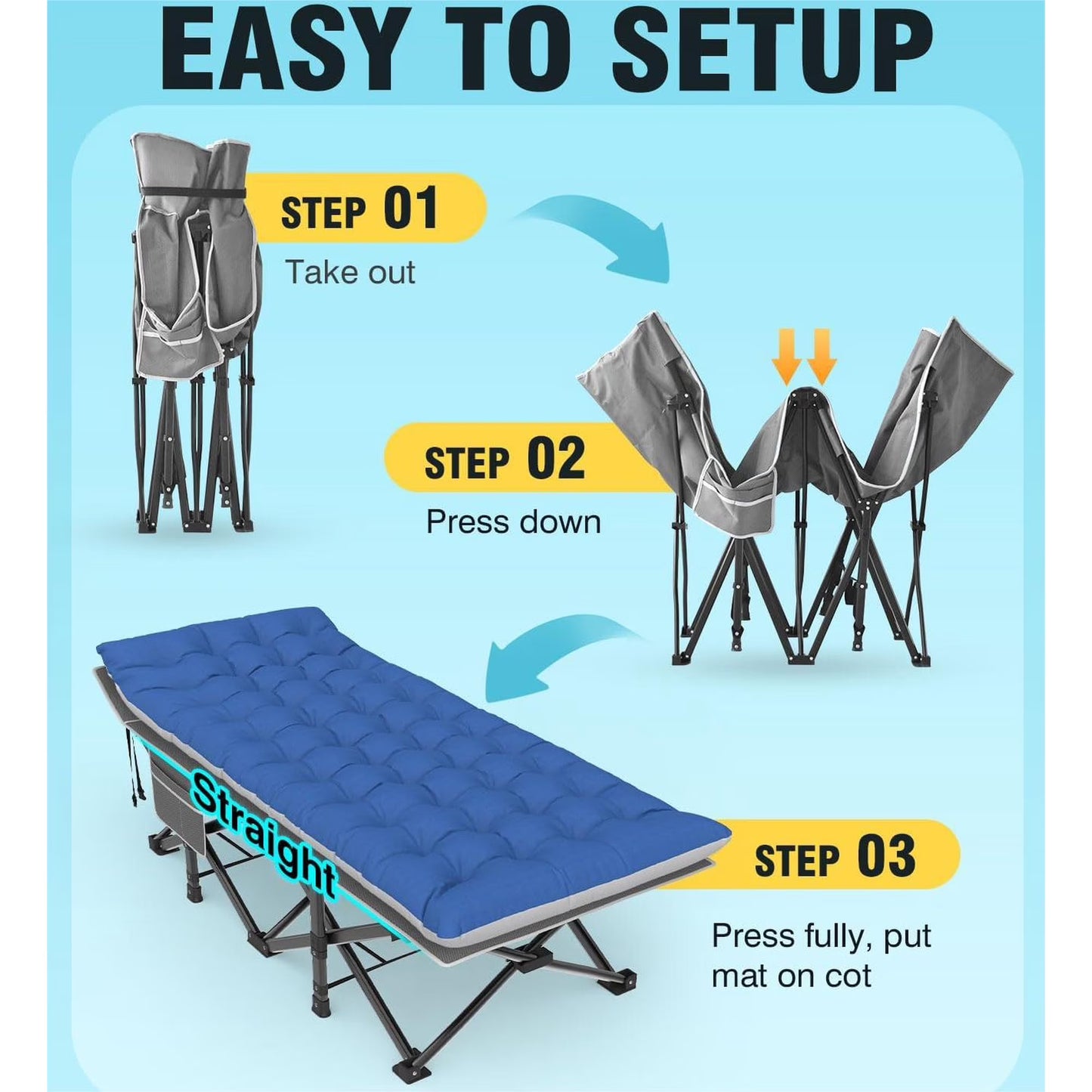 Folding Camping Cots for Adults, Portable Outdoor Camping Bed with Mattress, Heavy Duty Guest Bed Sleeping Cot Folding Bed for Camping Traveling Office Use, 74" X 26", Blue Mattress,