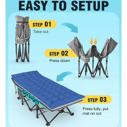 Folding Camping Cots for Adults, Portable Outdoor Camping Bed with Mattress, Heavy Duty Guest Bed Sleeping Cot Folding Bed for Camping Traveling Office Use, 74" X 26", Blue Mattress,