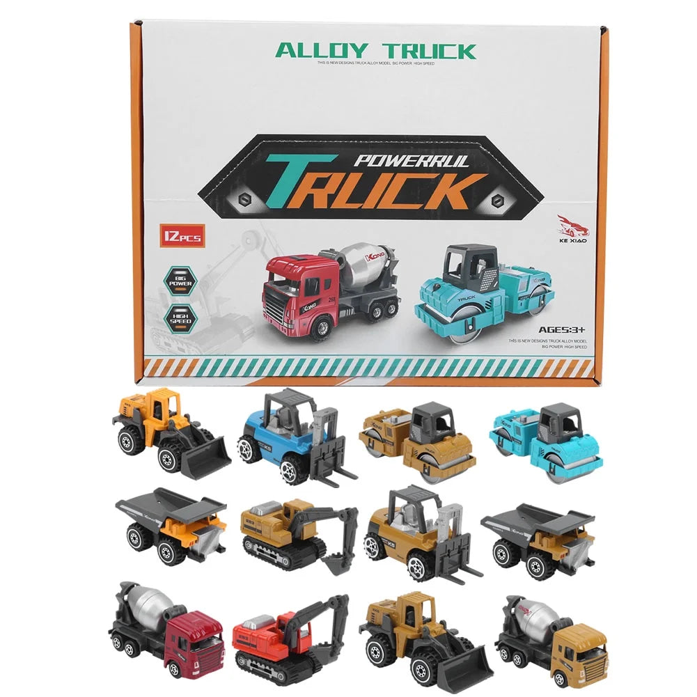 12 Pieces Alloy Small Construction Cars Vehicles, Die Cast Mini Construction Truck Toys Set, Excavators Mixer Truck Bulldozers Forklift Dump Truck Toys for Birthday Gifts