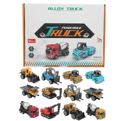 12 Pieces Alloy Small Construction Cars Vehicles, Die Cast Mini Construction Truck Toys Set, Excavators Mixer Truck Bulldozers Forklift Dump Truck Toys for Birthday Gifts