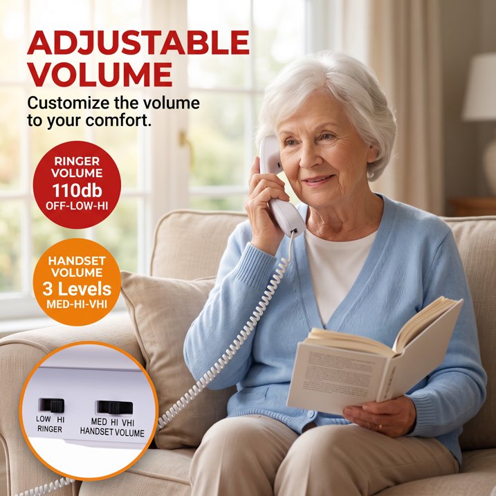 Large Button Phones for Seniors, Land Line Phones for Elderly, Big Button Home Telephone for the Visually Impaired, 110dB+ Amplified Ringer & 80dB+ Handset Volume for the Hearing Impaired Phone