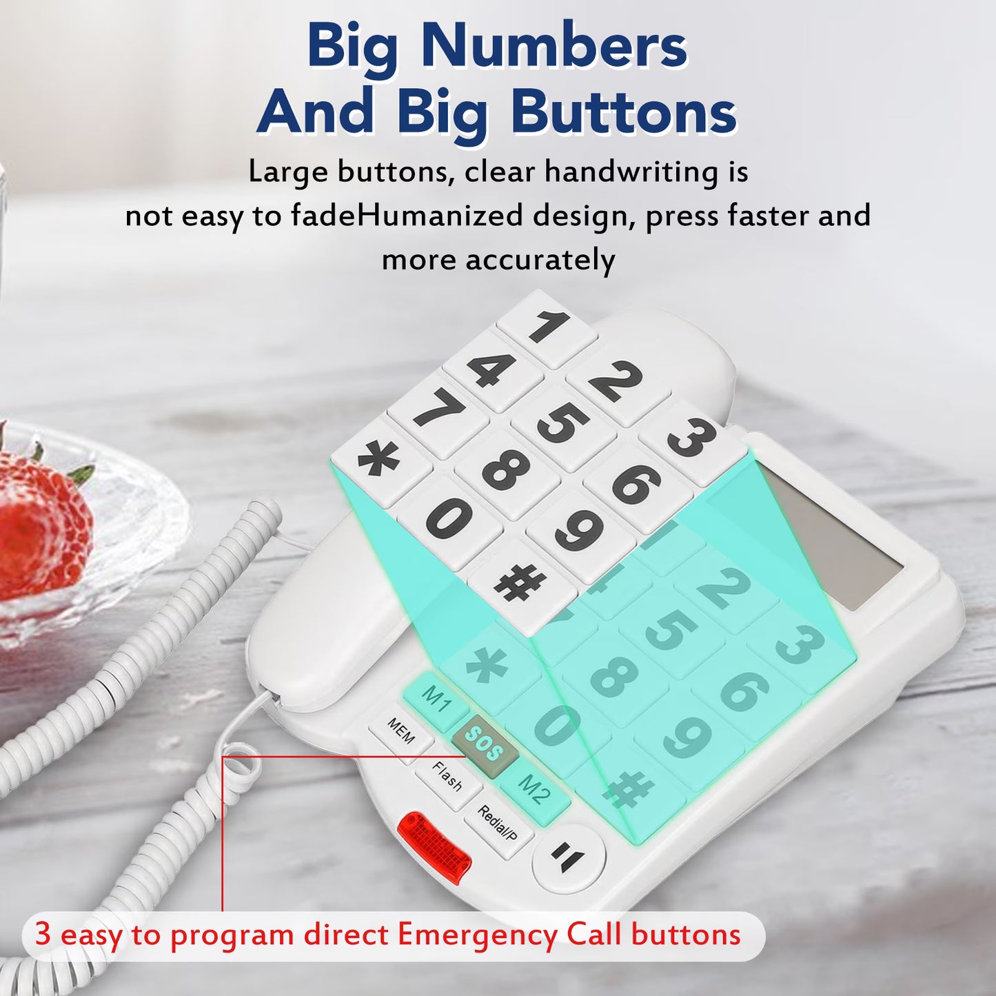 Large Button Phones for Seniors, Wired Telephone with Caller ID/Hands-Free for Office, Adjustable Amplified Volume Landline Phones for Visually/Hearing Impaired Elderly Emergency House Phones