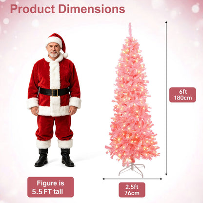 6ft Pink Artificial Pencil Christmas Tree, Unlit Slim Xmas Tree with 660 PVC Tips & Foldable Metal Stand, Full Shape, Easy to Assemble for Home Office Party Holiday Display Decoration