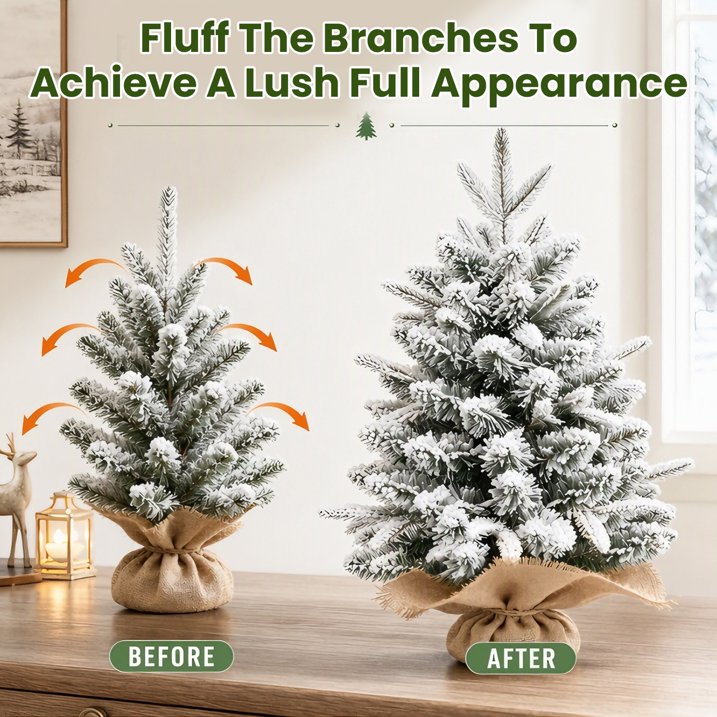 2ft Snow Flocked Tabletop Christmas Tree, Green & White Desk Xmas Tree with 90 Tips & Burlap Base Mini Xmas Pine Tree for Table Desk Home Christmas Holiday Decor