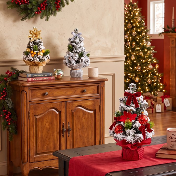 3 Pack Artificial Mini Tabletop Christmas Trees 7.9" Small Snowy Flocked Artificial Cedar Trees with Berries Ball Ornaments and Wood Bases for Home Office Holiday Table Centerpiece Mantel Decor