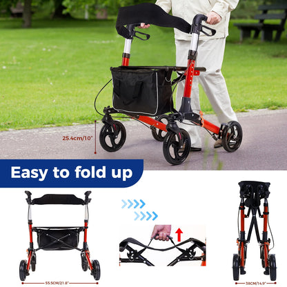 Rollator Walker for Seniors, Lightweight Foldable All Terrain Rolling Walker with seat, Aluminum Walkers with 8 inch Solid Wheels, Handles and Backrest for Seniors and Adult, Red