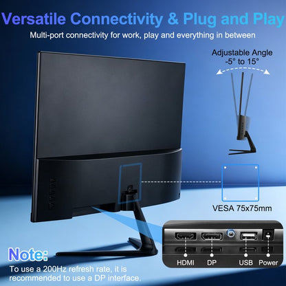 24 Inch Gaming Monitor 1K 200Hz High Refresh Rate 1ms Response 1920x1080 Resolution 100% NTSC Color Gamut HD Multimedia Interface DP Interface 24 Inch Black 200Hz+frameless