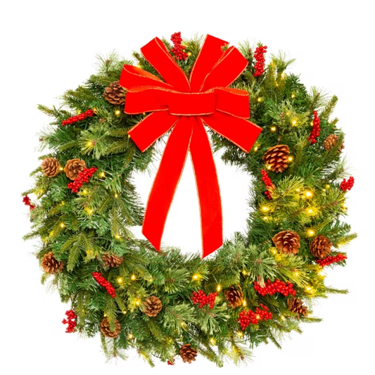 24in Pre-Lit Battery Powered Christmas Wreath Artificial Pre-Decorated Holiday Accent with 70 Lights, 96 PVC Tips, Ribbons, Pine Cones