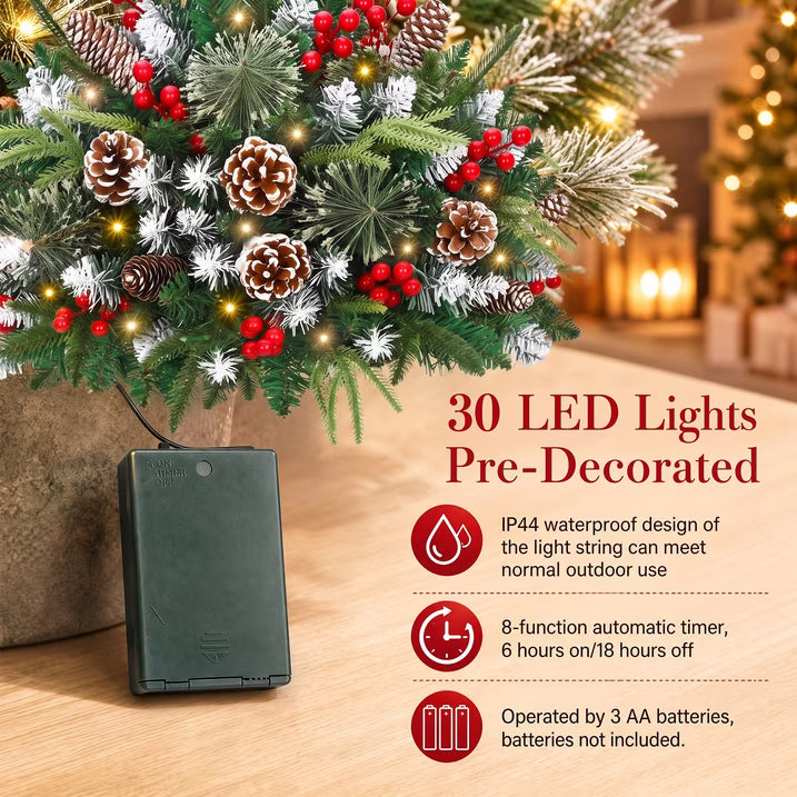 2 Pack 24" Lighted Pathway Christmas Tree Outdoor Urn Filler, Artificial Xmas Pine Trees with Tripod Stake, Battery Powered LED Lights, Snowy Pinecone Berries Decorations for Porch, Driveway, Yard