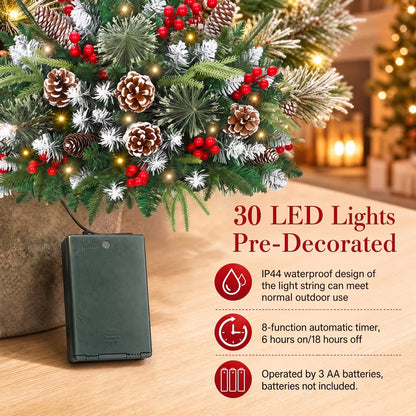 2 Pack 24" Lighted Pathway Christmas Tree Outdoor Urn Filler, Artificial Xmas Pine Trees with Tripod Stake, Battery Powered LED Lights, Snowy Pinecone Berries Decorations for Porch, Driveway, Yard