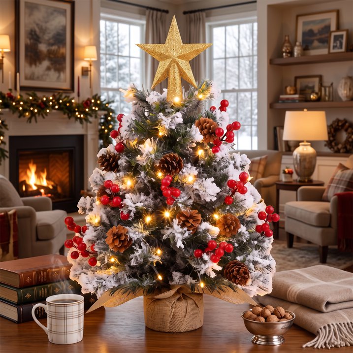 22 inch Tabletop Christmas Tree with Lights, Snowy Artificial Small Christmas Trees Battery Operated 30 Warm Lights Red Berries Pine Cone Stable Base Mini Tree Xmas Decorations Indoor Holiday