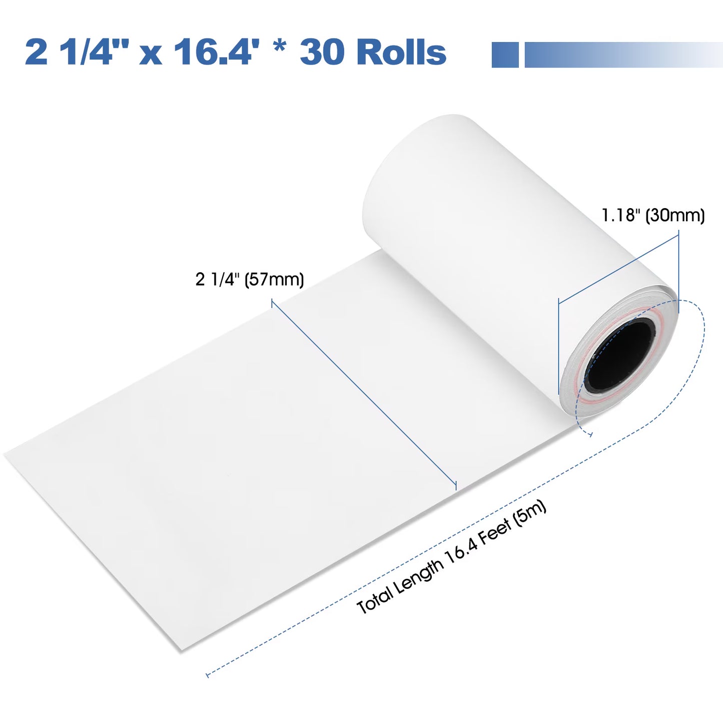 (30 Rolls) 2 1/4" x 16.4' Thermal Receipt Paper, 58mm Cash Register Paper Rolls, Compatible with Most Card Machine Fits All 58mm Mini Thermal Printers