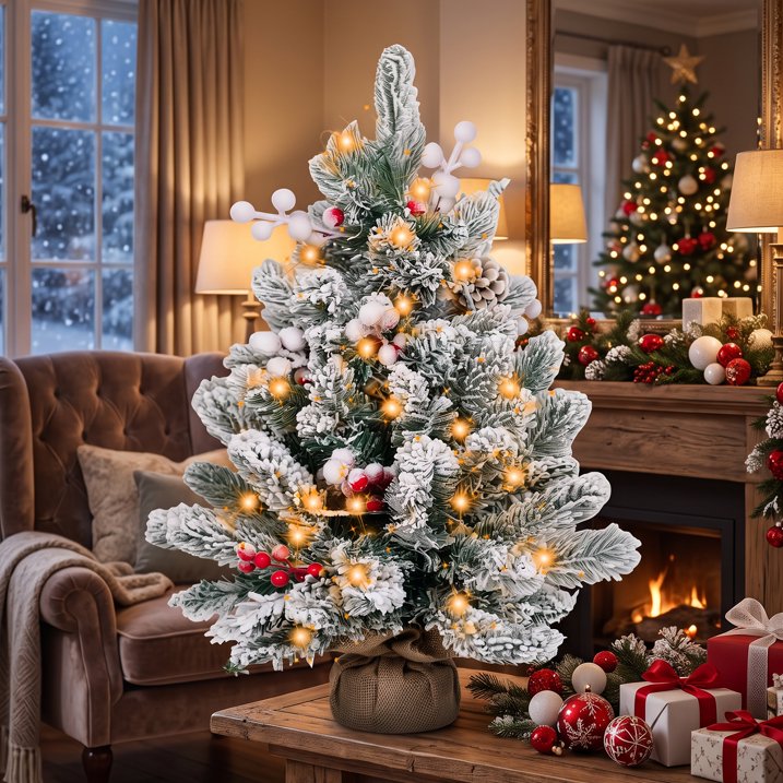 Small Xmas Tree Warm Light LED String Flocked Snow Decor Artificial Desktop Xmas Pine Tree for Home 60cm / 23.6in