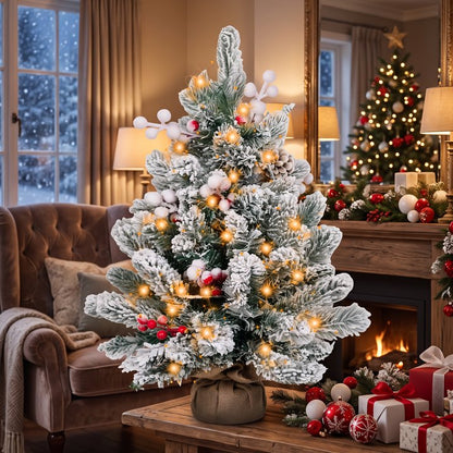 Small Xmas Tree Warm Light LED String Flocked Snow Decor Artificial Desktop Xmas Pine Tree for Home 60cm / 23.6in