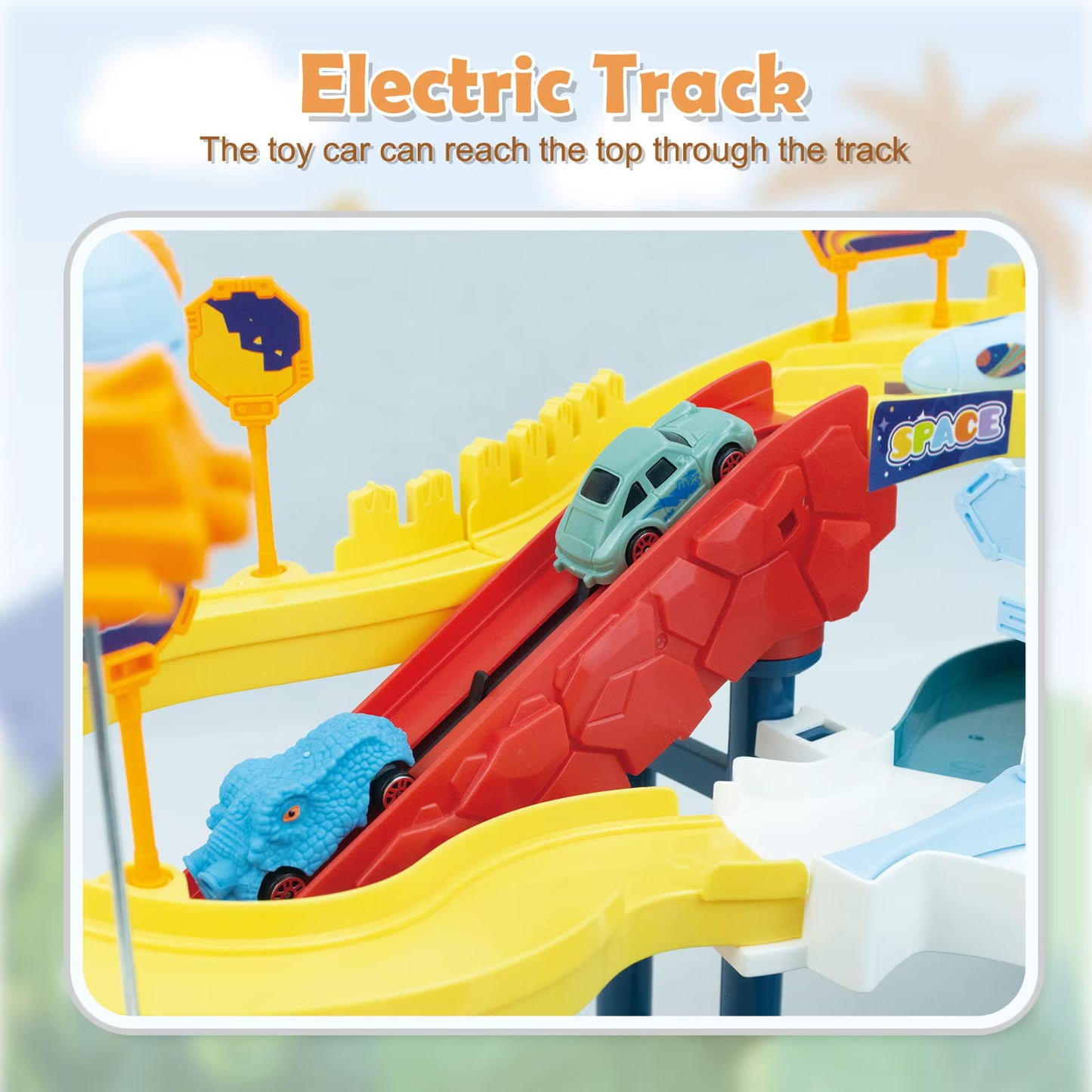 Dinosaur Rail Car Toys, Monster Trucks Race Track Playset, Winding Highway Space Dinosaur Hill Toy Ramp Track Set, Lifting Parking Lot with 4 Mini Racer Cars Gifts