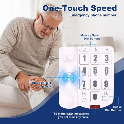 Big Button Phone for Seniors, Corded Landline Telephone for Elderly w/ Visually Disorders/Hearing Damage, Adjustable Volume Large Key Wired Telephone, One-Touch Dialling, Extra Loud Ringer, White