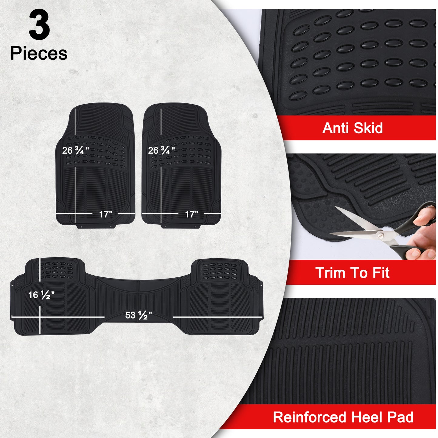 3-Piece All Weather Solid Rubber Car Floor Mats Set, Trimmable Front and Rear- Heavy Duty Deep Dish Mats for Universal Car & SUV Van
