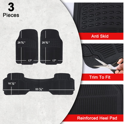 3-Piece All Weather Solid Rubber Car Floor Mats Set, Trimmable Front and Rear- Heavy Duty Deep Dish Mats for Universal Car & SUV Van
