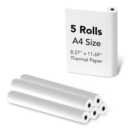 5 Rolls Thermal Paper (210mm/8.27" width/6m long, Φ1.18") Widely Compatible with Portable Thermal Printers, Quick-Dry A4 Thermal Printer Paper for Documents Picture Homework, 20 Sheets/Roll