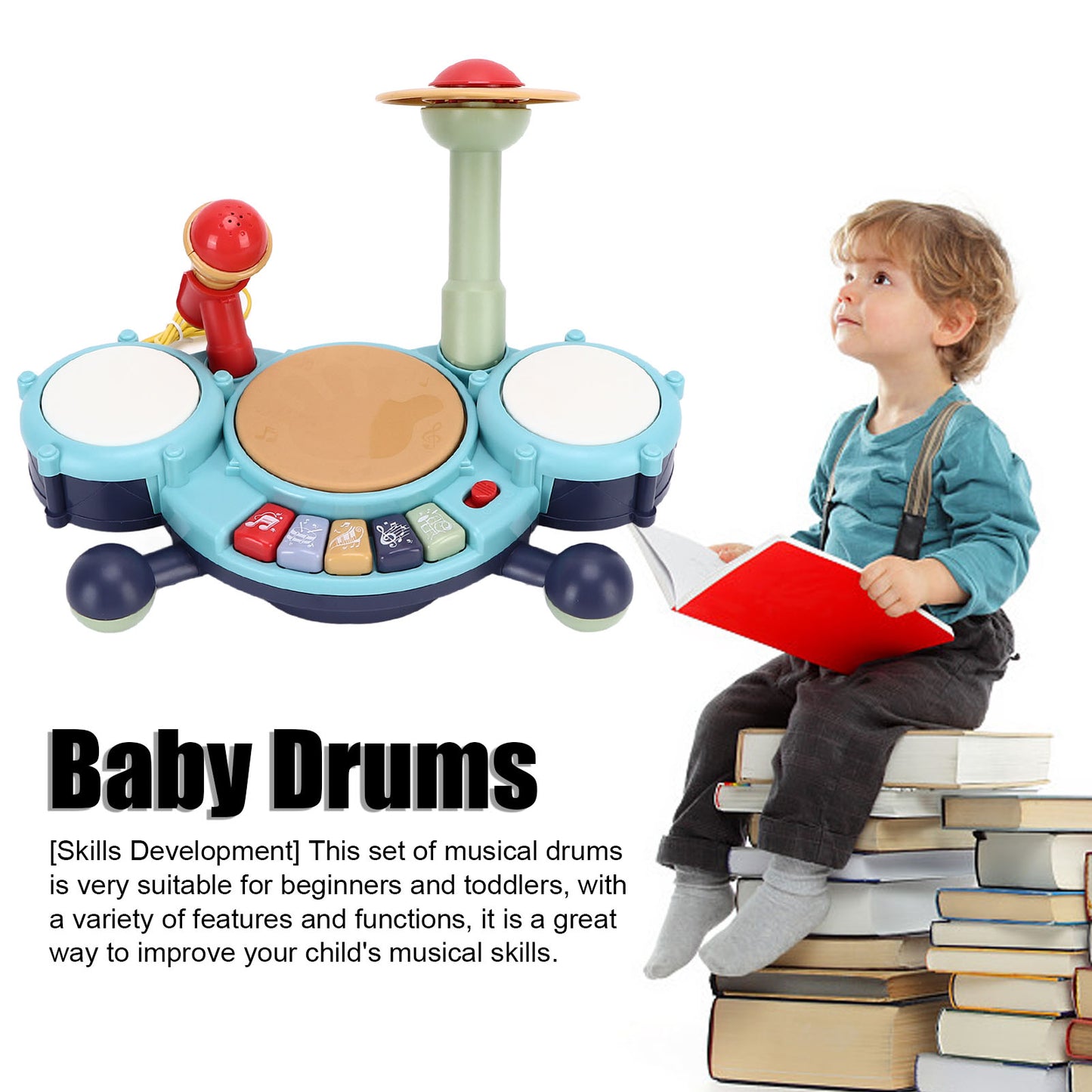 Drum Set with Microphone 5 Rocking Tunes 10 in 1 Baby Drum & Piano Set Musical Instruments Toys Gift for Toddler Ages 18M+