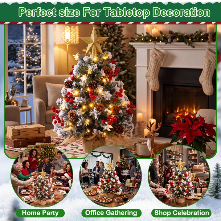 22 inch Tabletop Christmas Tree with Lights, Snowy Artificial Small Christmas Trees Battery Operated 30 Warm Lights Red Berries Pine Cone Stable Base Mini Tree Xmas Decorations Indoor Holiday