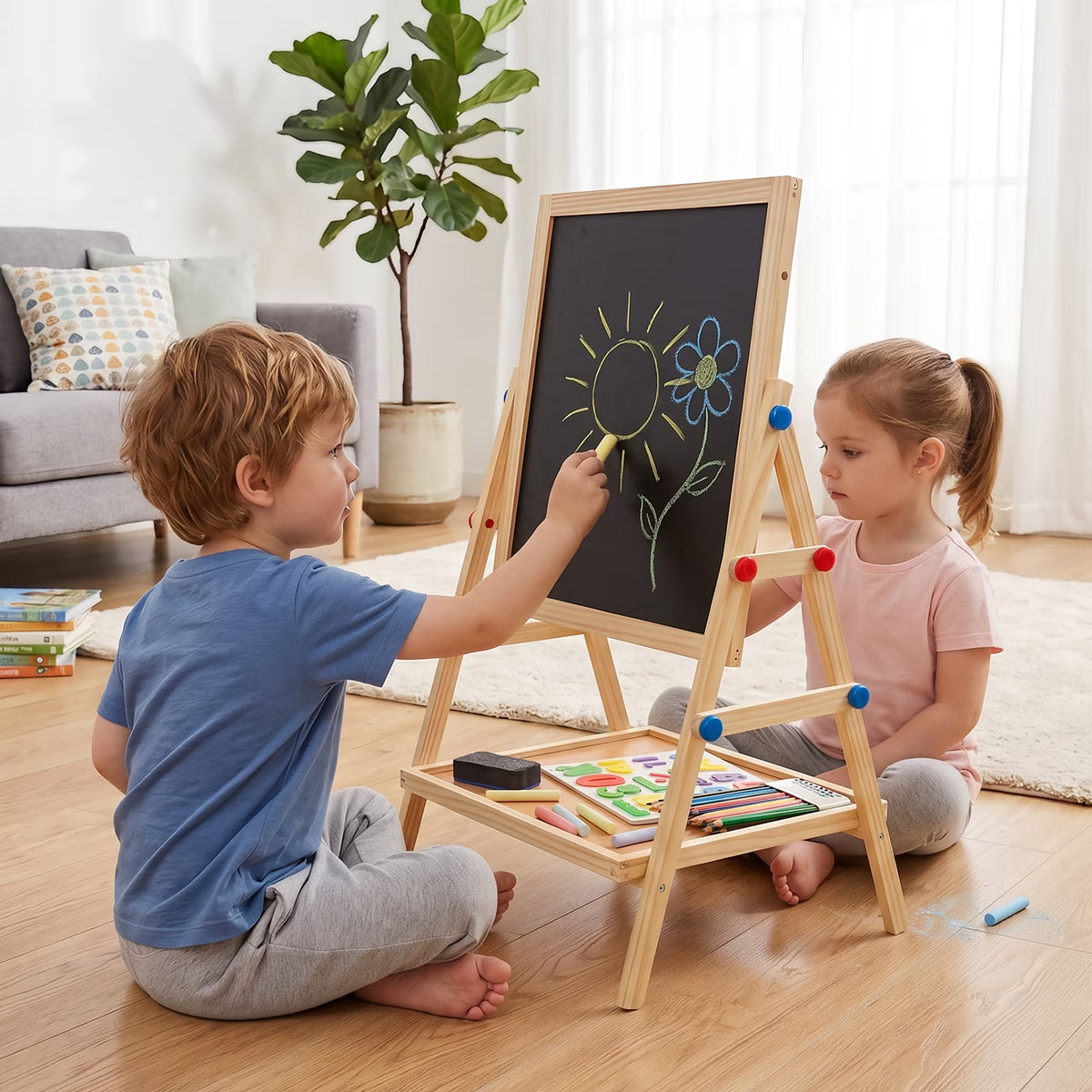 Painting Wooden Art Easel for Kids, 2-in-1 Double-Sided Drawing Board, Chalkboard & Dry Whiteboard with Markers, Eraser, Magnetic Letters/Numbers, Standing Easel Set for Xmas Birthday Holiday Gifts