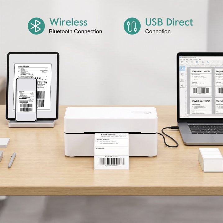 Bluetooth Thermal Shipping Label Printer, 4x6 Portable Thermal Address Label Maker for Small Business, Compatible with iPhone/Android/Windows/Mac, Works with Etsy Shopify USPS & More, White