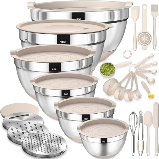 Mixing Bowls with Lids, 32 Piece Stainless Steel Bowls Set, 3 Grater Attachments & Black Non-Slip Bottoms Size 7, 4, 3.5, 2.5, 2, 1.5QT, Great For Mixing & Serving, Khaki