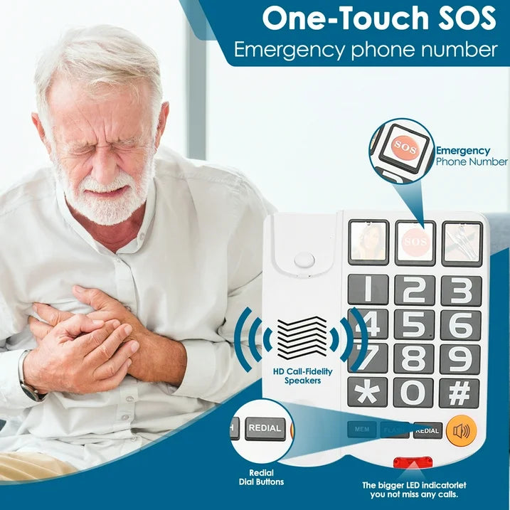 Big Button Phone for Seniors, Corded Landline Telephone with Handsfree, One-Touch Dialling, Large Key Adjustable Volume Wired Phone for Visually/Hearing Impaired, Extra Loud Ringer, White