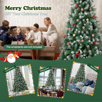 6FT Pre-Decorated Artificial Christmas Tree w/ 800 PVC Branch Tips, Pine Cone & Red Berries for Home Office Party Decoration, Partially Flocked Design Xmas Trees w/ Dense Branches & Metal Stand