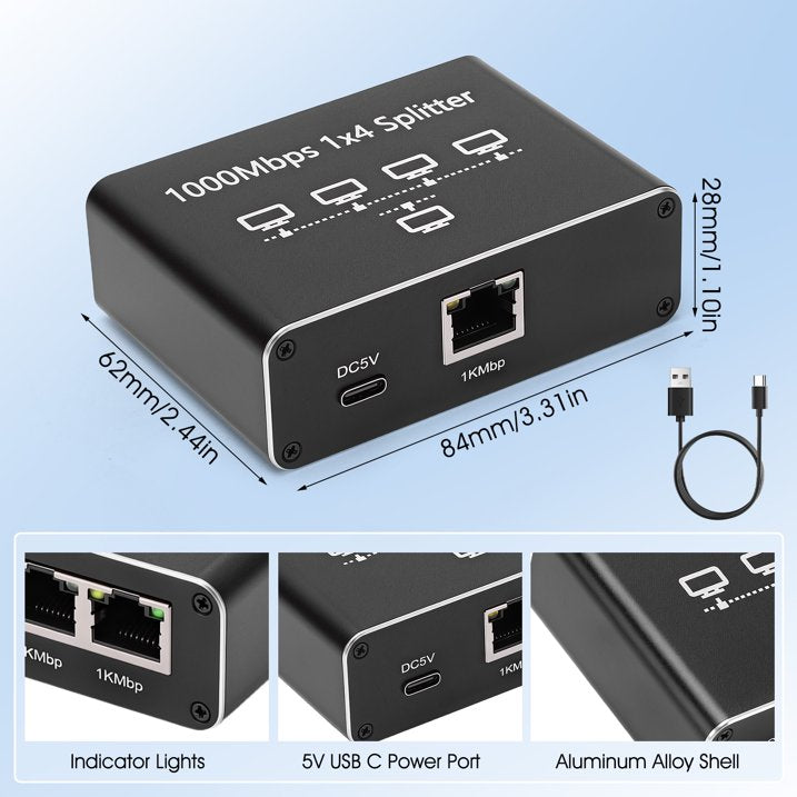 Ethernet Splitter 1 to 4, Network Splitter with USB Power Cable, RJ45 Internet Splitter Adapter 1000Mbps High Speed for Cat 5/5e/6/7/8 Cable [4 Devices Networked Simultaneously]