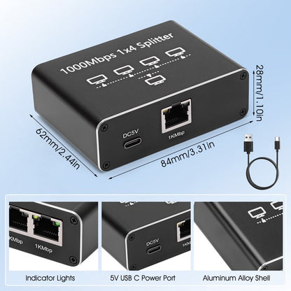 Ethernet Splitter 1 to 4, Network Splitter with USB Power Cable, RJ45 Internet Splitter Adapter 1000Mbps High Speed for Cat 5/5e/6/7/8 Cable [4 Devices Networked Simultaneously]