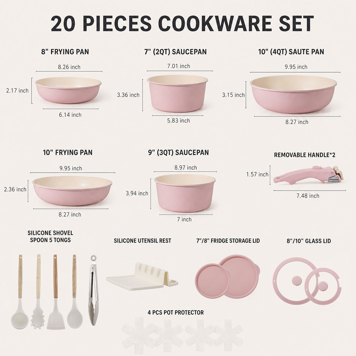 20 Piece Ceramic Pots and Pans Set, Nonstick Cookware Set with Detachable Handles, Oven Safe to 500°F, Induction Compatible, Stackable RV Kitchen Cooking Set, Pink