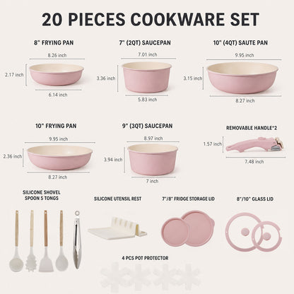 20 Piece Ceramic Pots and Pans Set, Nonstick Cookware Set with Detachable Handles, Oven Safe to 500°F, Induction Compatible, Stackable RV Kitchen Cooking Set, Pink