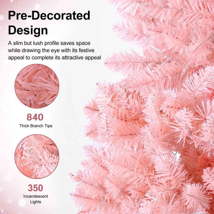 7ft Flocked Pink Pencil Christmas Tree, Pre-Lit Slim Artificial Holiday Decoration, Lighted Skinny w/Base, Warm White Lights