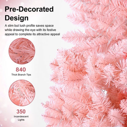 7ft Flocked Pink Pencil Christmas Tree, Pre-Lit Slim Artificial Holiday Decoration, Lighted Skinny w/Base, Warm White Lights