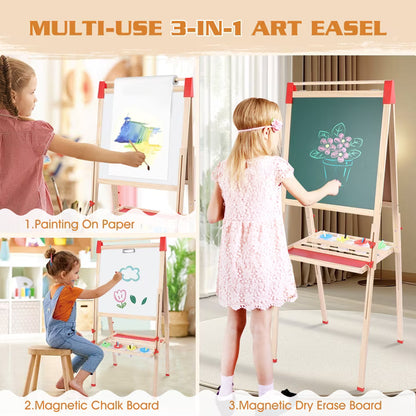 Wooden Art Easel, Adjustable Height Drawing Easel with Double Sided Whiteboard Chalkboard, Foldable Dry Erase Board with Accessories, Perfect Painting Gifts