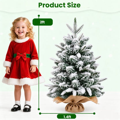 2ft Snow Flocked Tabletop Christmas Tree, Green & White Desk Xmas Tree with 90 Tips & Burlap Base Mini Xmas Pine Tree for Table Desk Home Christmas Holiday Decor