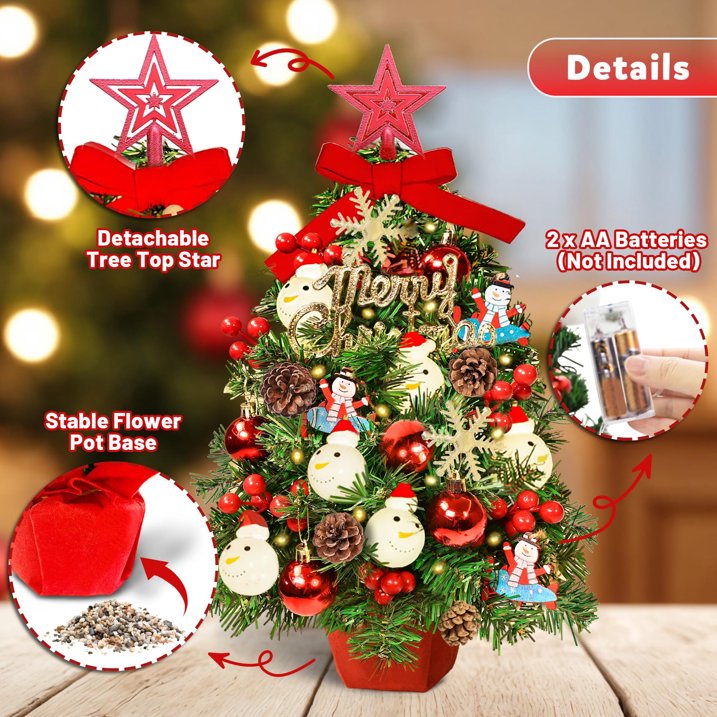 24" Mini Christmas Tree with LED Snowman Globe String Lights/Pine Cones Xmas Balls, Tabletop Christmas Tree with 36 Ornaments, Small Artificial Xmas Spruce Tree for Holiday Indoor Christmas Decor
