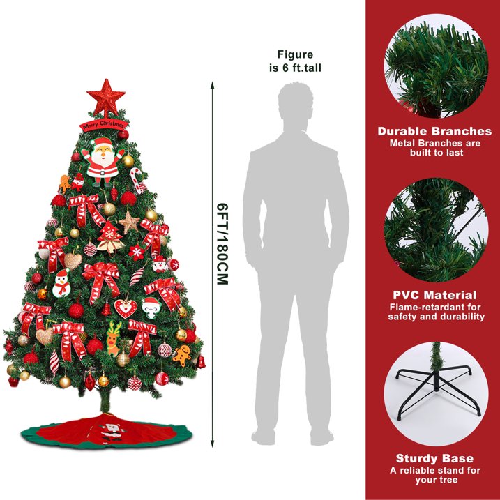 6FT Artificial Christmas Tree with LED Lights and Ornaments Set Package, Lifelike Spruce Holiday Xmas Decorative Tree Set for Indoor Outdoor Home Office Party with Foldable Metal Base