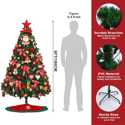 6FT Artificial Christmas Tree with LED Lights and Ornaments Set Package, Lifelike Spruce Holiday Xmas Decorative Tree Set for Indoor Outdoor Home Office Party with Foldable Metal Base