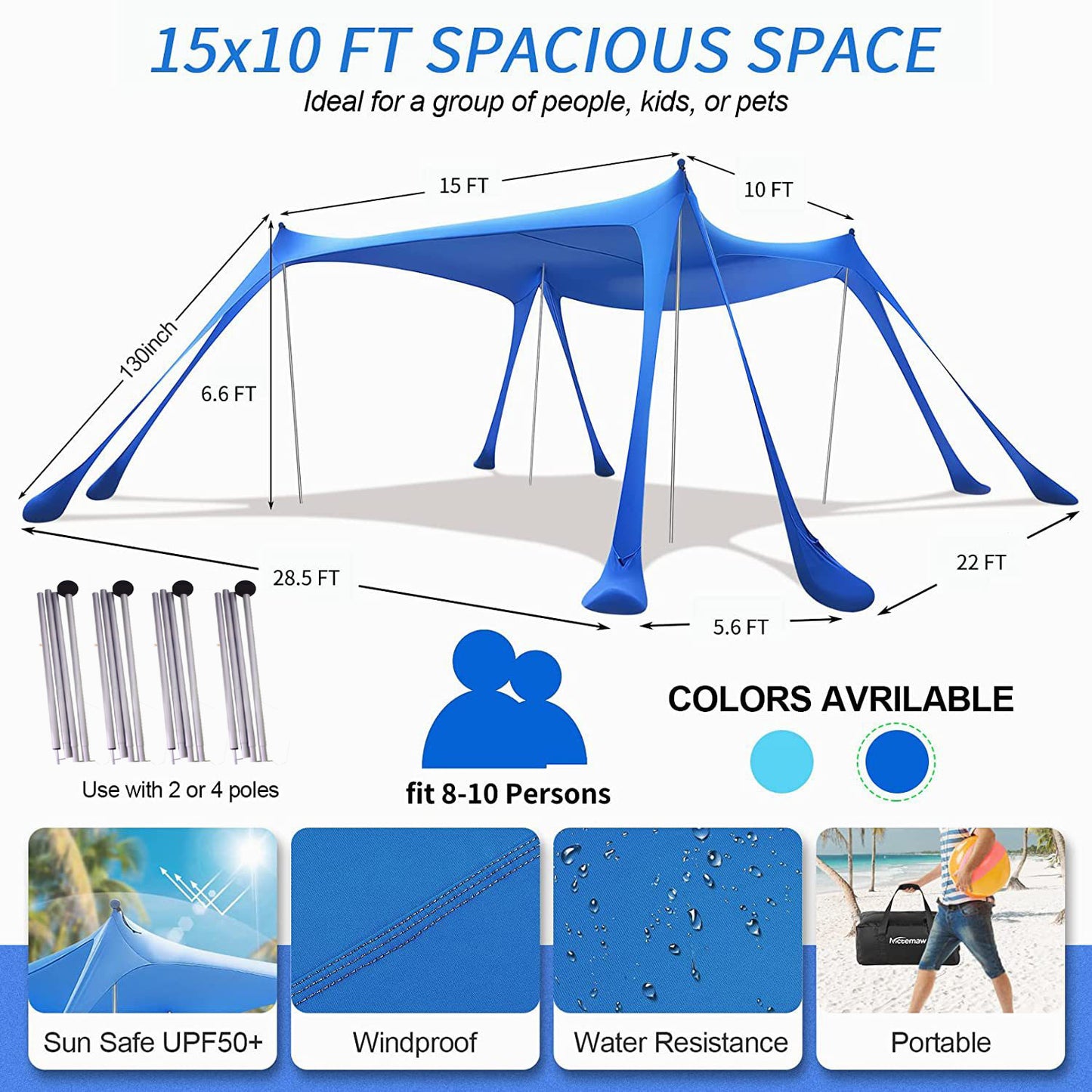 Beach Canopy, Blue Windproof 10x10ft Up Beach Tent Sun Shelter With Carry Bag For Picnics
