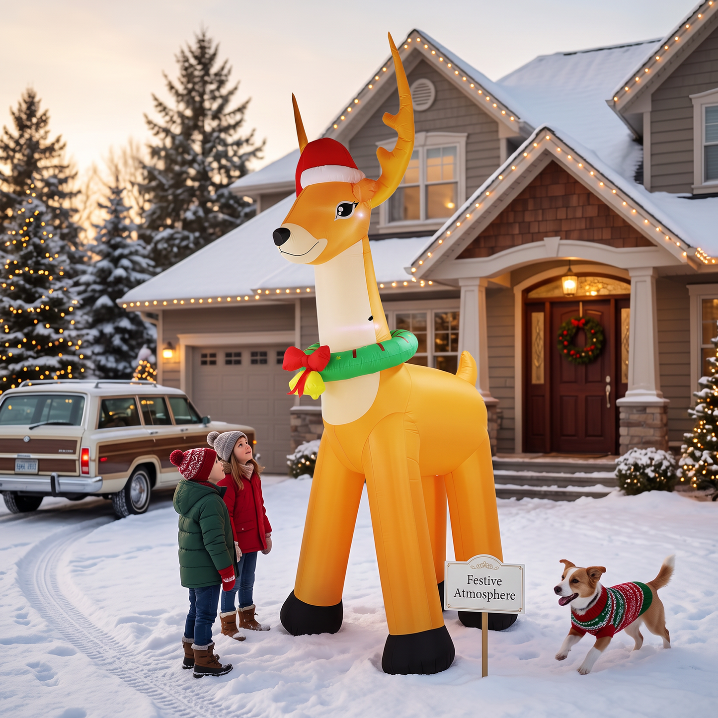12FT Giant Christmas Inflatable Reindeer Decoration with Chasing LED Lights,Blow Up Yard Decoration for Party Garden Yard Lawn Decor