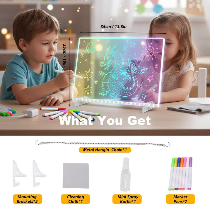 LED Drawing Board with 7 Color Light Modes, 11.8"x7.9" Neon Art Dry Erase Light Up Drawing Pad with Built-in Stand, 7 Markers, Soft Cloth, Hanging Chain, Sketching Gift for Holiday Birthday Christmas