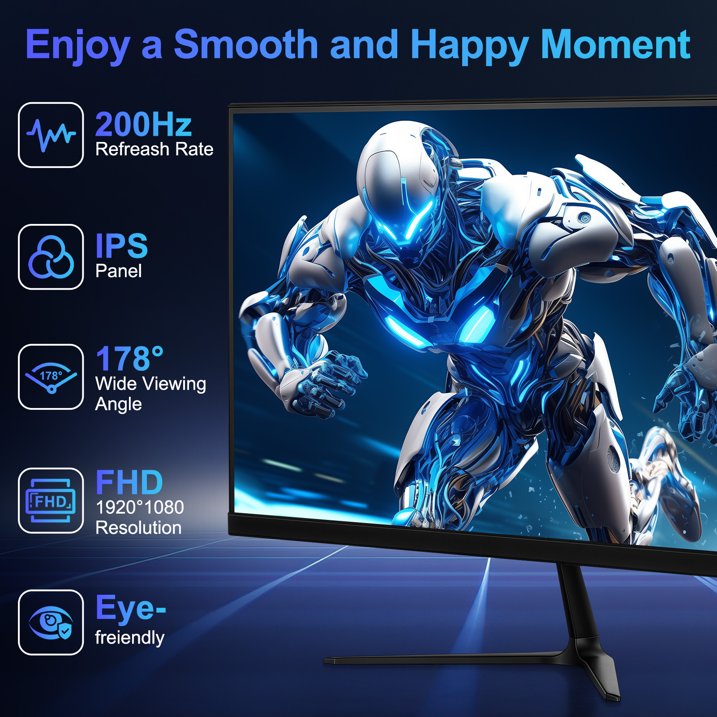 24 Inch Gaming Monitor 1K 200Hz High Refresh Rate 1ms Response 1920x1080 Resolution 100% NTSC Color Gamut HD Multimedia Interface DP Interface 24 Inch Black 200Hz+frameless