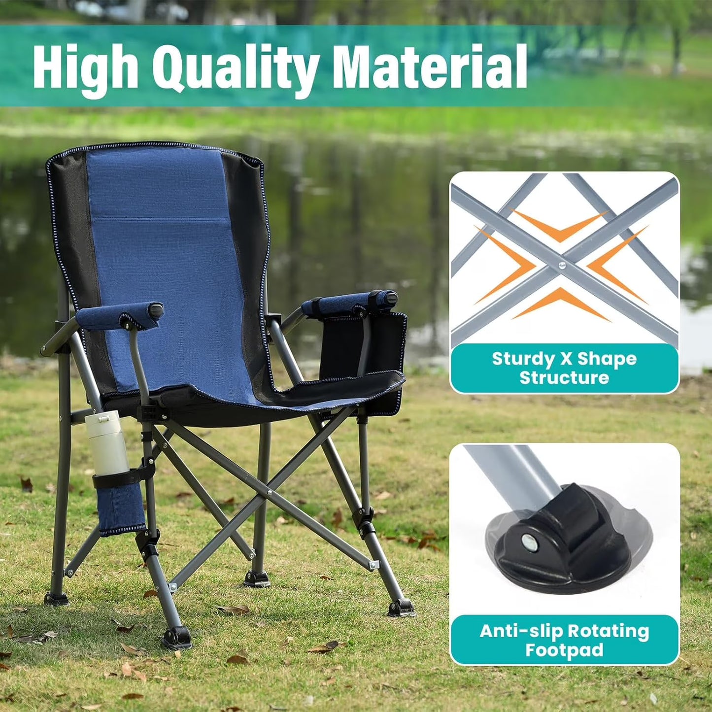 Folding Camping Chair, Portable High Back Folding Lawn Chairs for Adults, Outdoor Camping Chair with Cup Holder, Side Pocket, Hard Armrest, Carry Bag, Anti-slip Footpad, Support 350 lbs, Dark Blue