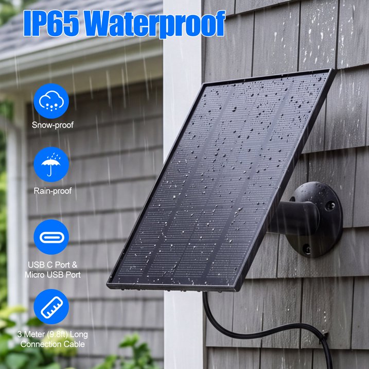 8W Solar Panel Charger, Solar Panel with Micro USB & USB C Port for DC 5V Outdoor Rechargeable Battery Camera, IP66 Waterproof, 360° Adjustable Security Mount, Black