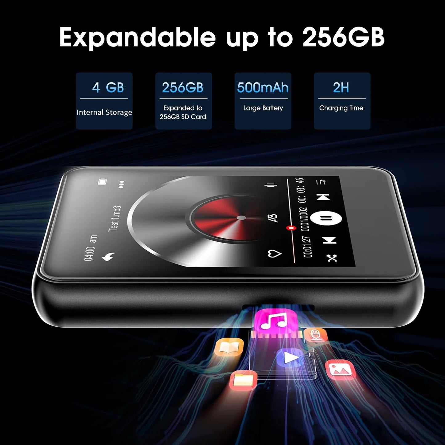 256GB Support Mp3 Player with Bluetooth, Portable Digital Lossless Music Player with 2.4 in Full Touchscreen, Mp4 Video Player with Speaker & Earphones, FM Radio, Voice Recorder, E-Book